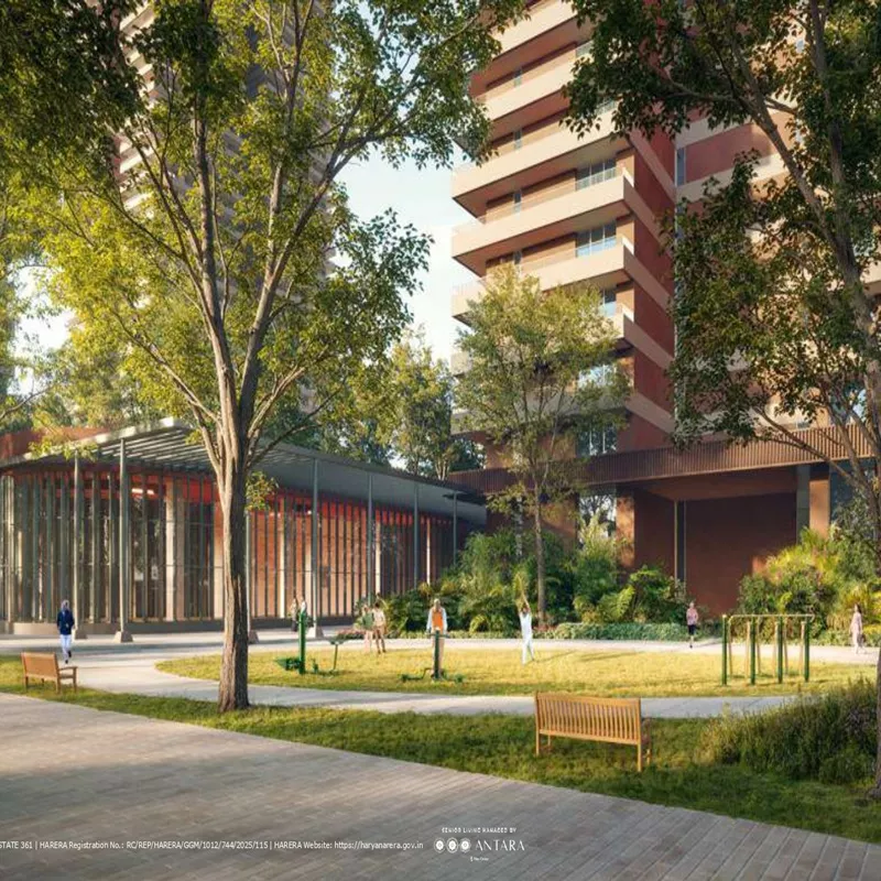 Estate 361 senior living towers with central forest and lake, Gurgaon