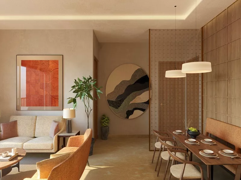 MAX Estates 360 modern 3 BHK apartment interior with spacious living room, dining area, and elegant wall design