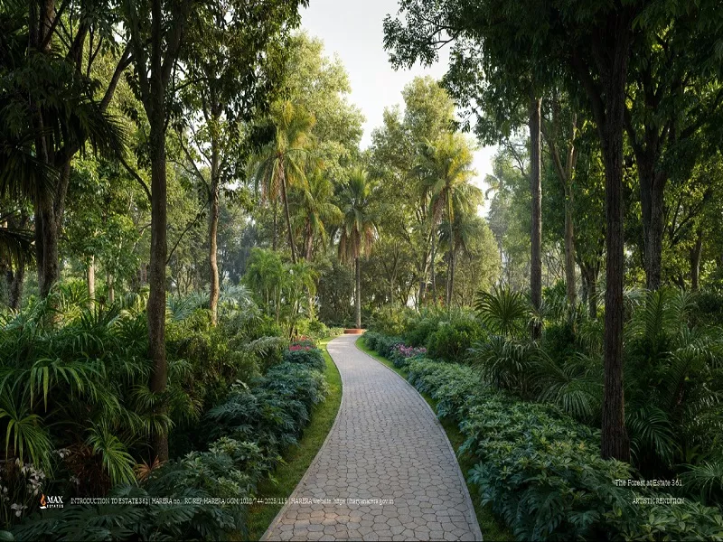 Landscaped forest-themed walking trail with lush greenery, tall trees, and a paved pathway at MAX Estates 361 The Terraces residential project.