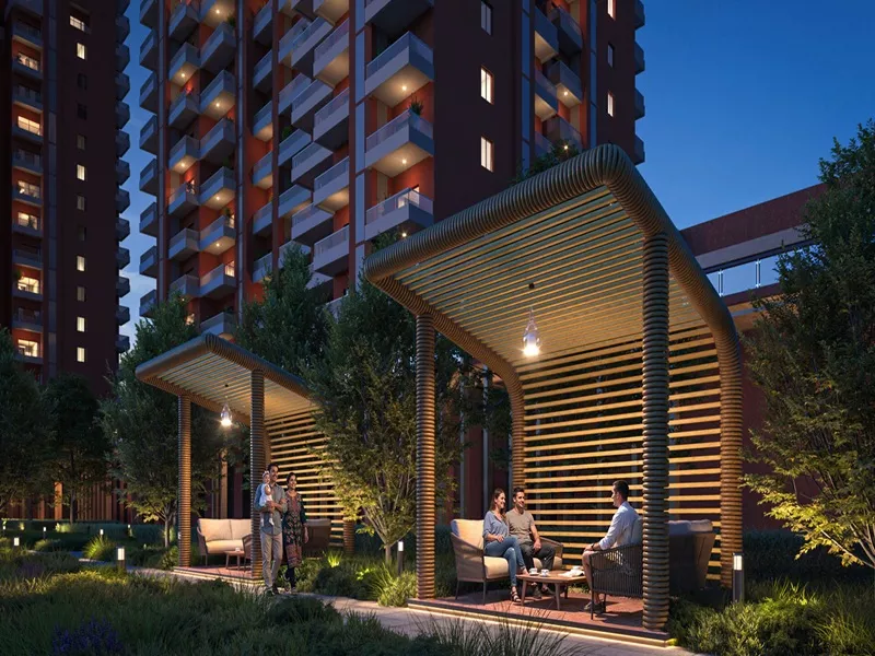 Spacious balcony view at Max Estates Sector 59 Gurgaon residential project featuring modern high-rise tower, lush green surroundings, and skyline view.